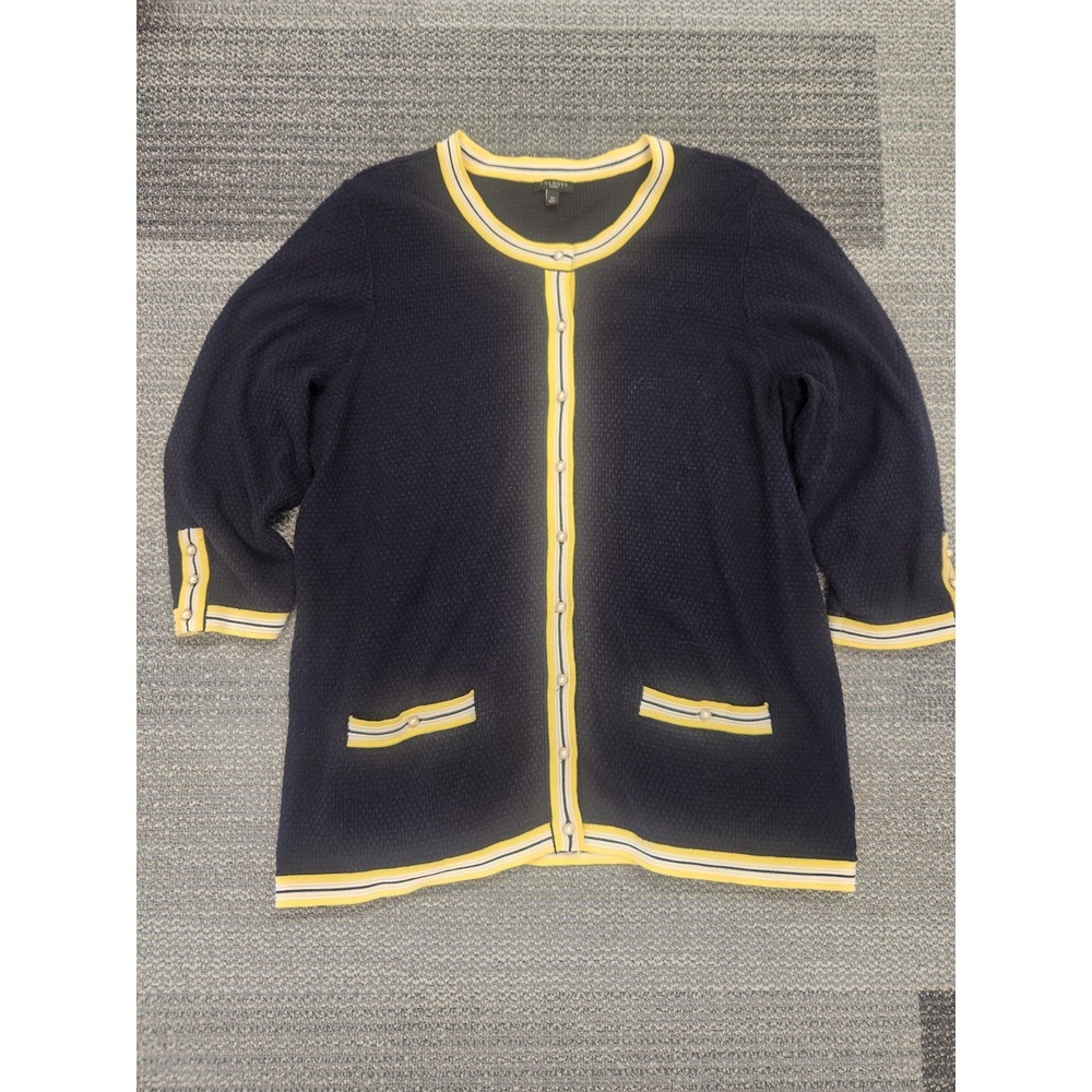 Talbots Navy Blue Waffle Knit Pearl Buttoned Cardigan Yellow Trim Pockets Sz. 1X